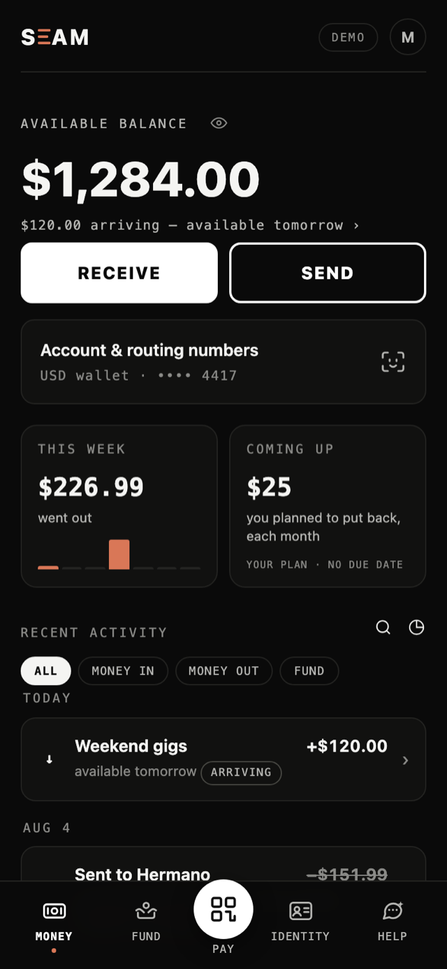 The demo wallet's Money screen: $1,284.00 available, Receive and Send, the week's activity.